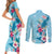 Hawaii Tropical Flowers Couples Matching Short Sleeve Bodycon Dress and Long Sleeve Button Shirt Polynesian Tattoo Sky Blue