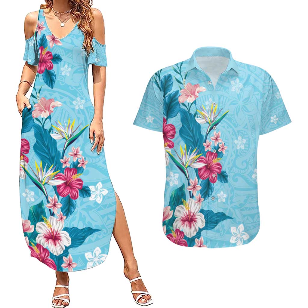 Hawaii Tropical Flowers Couples Matching Summer Maxi Dress and Hawaiian Shirt Polynesian Tattoo Sky Blue