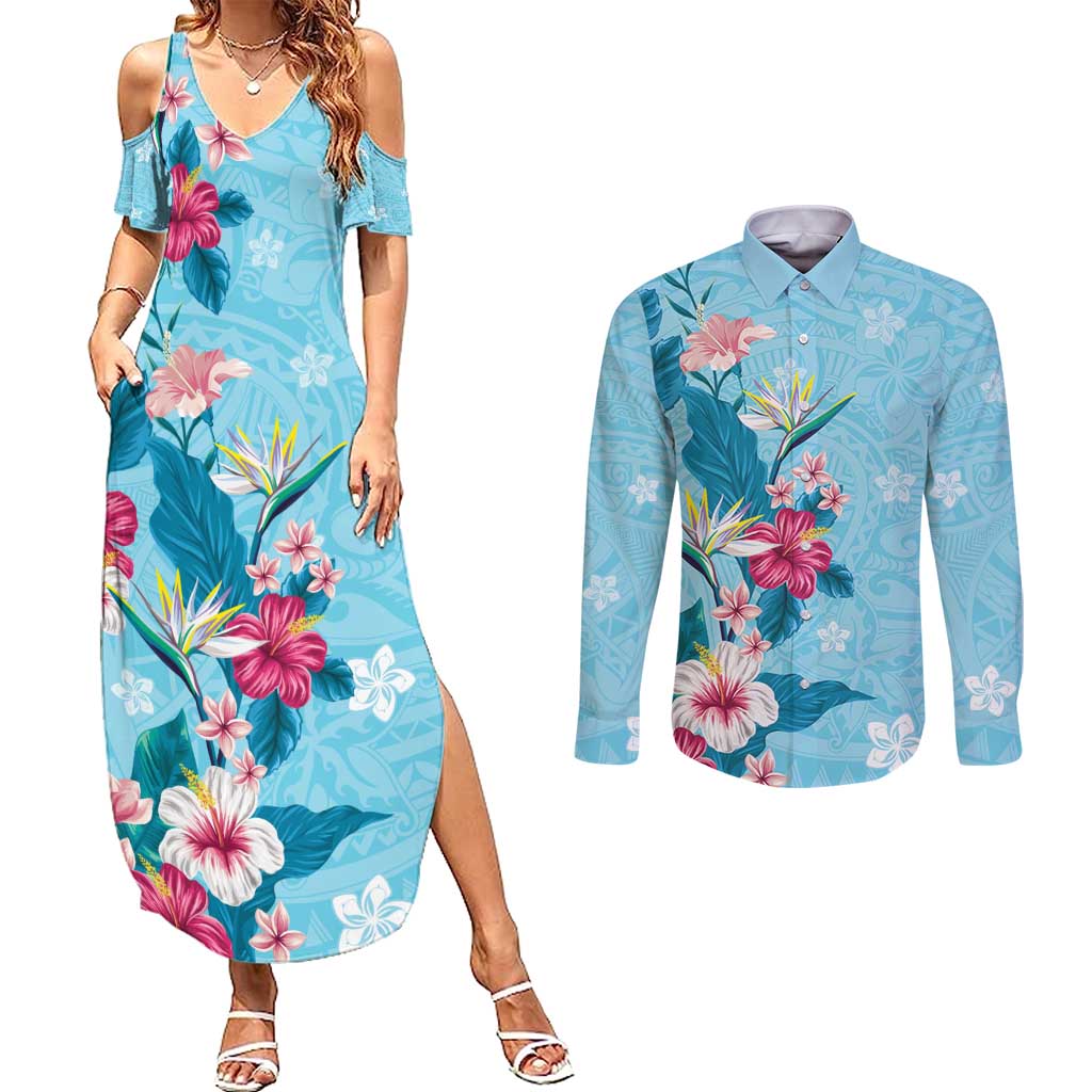 Hawaii Tropical Flowers Couples Matching Summer Maxi Dress and Long Sleeve Button Shirt Polynesian Tattoo Sky Blue