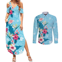 Hawaii Tropical Flowers Couples Matching Summer Maxi Dress and Long Sleeve Button Shirt Polynesian Tattoo Sky Blue LT05 Blue - Polynesian Pride