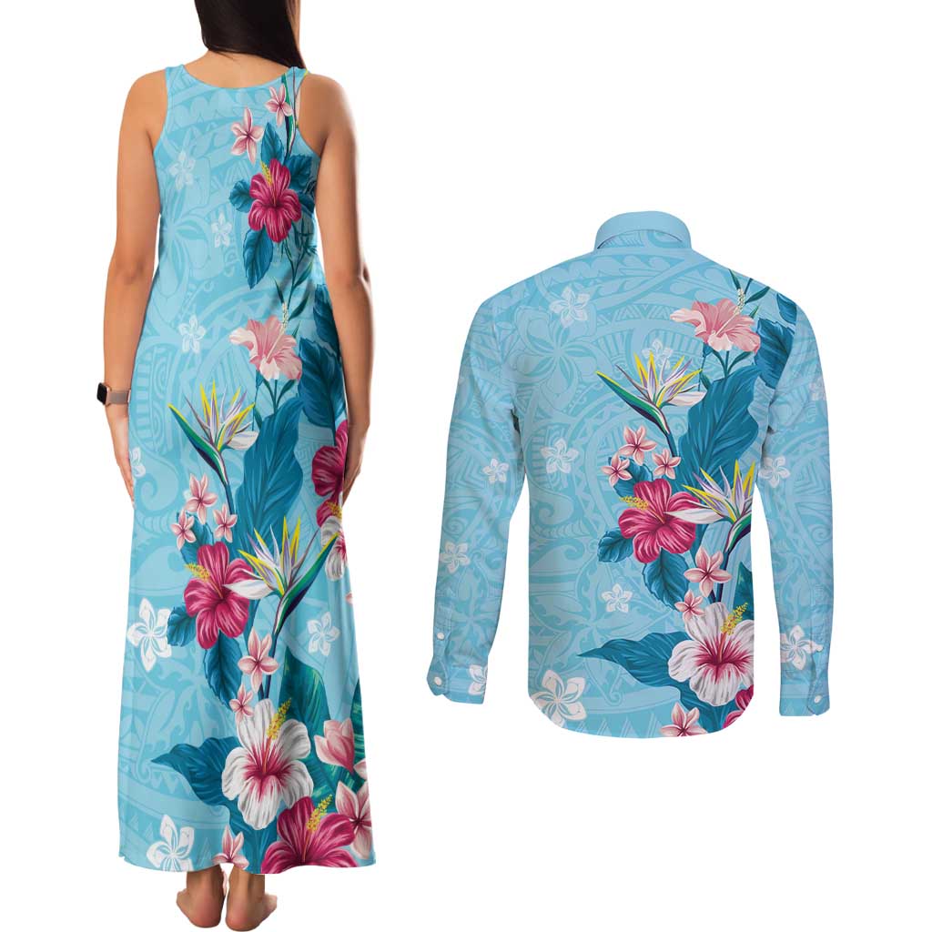 Hawaii Tropical Flowers Couples Matching Tank Maxi Dress and Long Sleeve Button Shirt Polynesian Tattoo Sky Blue LT05 - Polynesian Pride