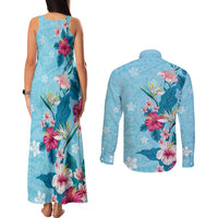 Hawaii Tropical Flowers Couples Matching Tank Maxi Dress and Long Sleeve Button Shirt Polynesian Tattoo Sky Blue LT05 - Polynesian Pride