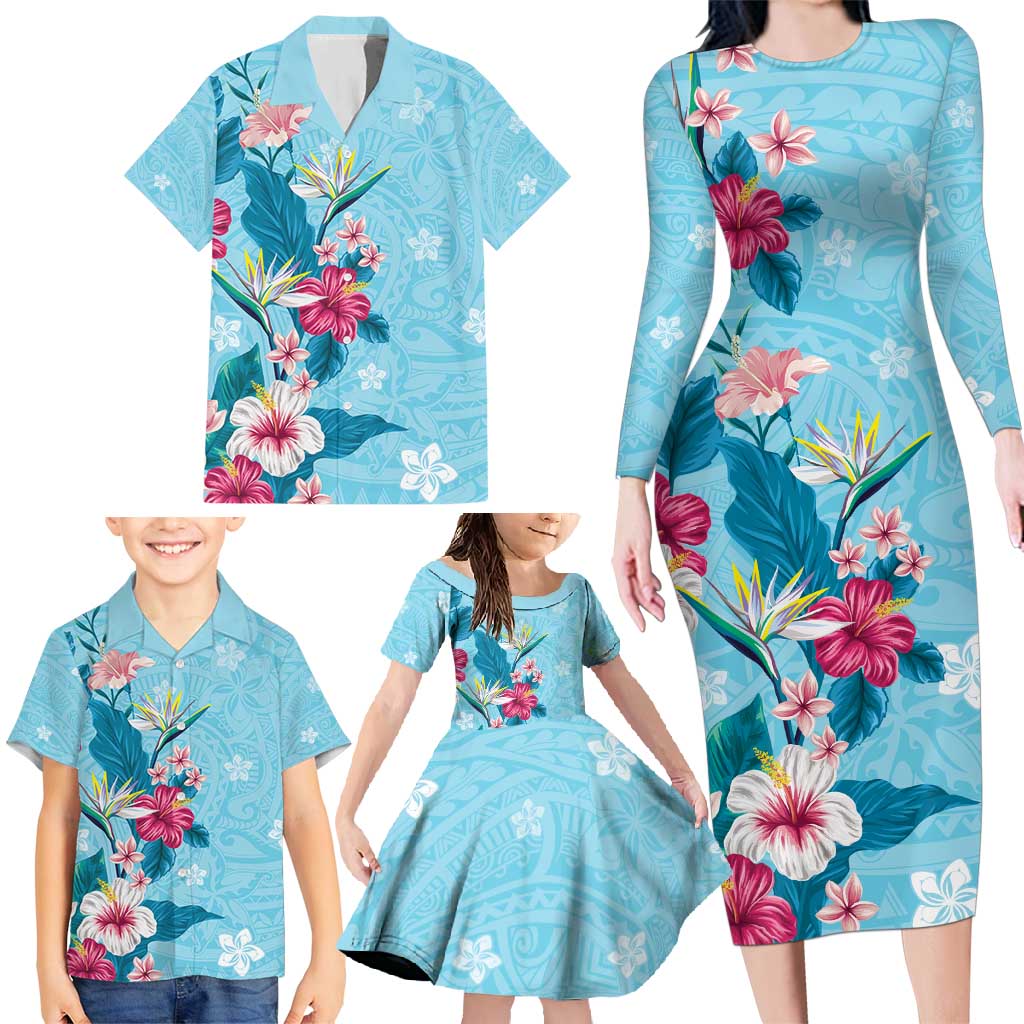 Hawaii Tropical Flowers Family Matching Long Sleeve Bodycon Dress and Hawaiian Shirt Polynesian Tattoo Sky Blue