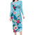 Hawaii Tropical Flowers Family Matching Long Sleeve Bodycon Dress and Hawaiian Shirt Polynesian Tattoo Sky Blue