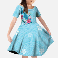 Hawaii Tropical Flowers Family Matching Mermaid Dress and Hawaiian Shirt Polynesian Tattoo Sky Blue LT05 Daughter's Dress Blue - Polynesian Pride