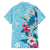 Hawaii Tropical Flowers Family Matching Off The Shoulder Long Sleeve Dress and Hawaiian Shirt Polynesian Tattoo Sky Blue