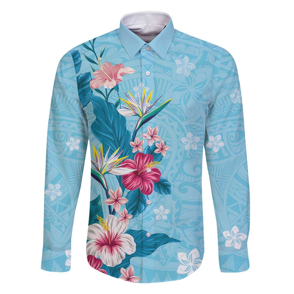 Hawaii Tropical Flowers Family Matching Off Shoulder Maxi Dress and Hawaiian Shirt Polynesian Tattoo Sky Blue