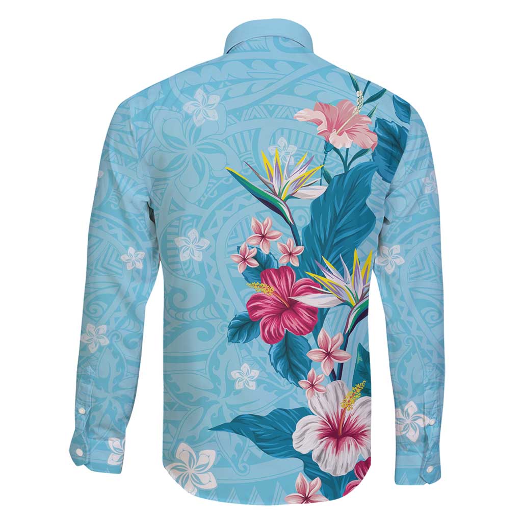 Hawaii Tropical Flowers Family Matching Off Shoulder Maxi Dress and Hawaiian Shirt Polynesian Tattoo Sky Blue
