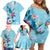 Hawaii Tropical Flowers Family Matching Off Shoulder Short Dress and Hawaiian Shirt Polynesian Tattoo Sky Blue