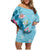 Hawaii Tropical Flowers Family Matching Off Shoulder Short Dress and Hawaiian Shirt Polynesian Tattoo Sky Blue