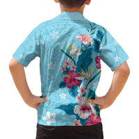 Hawaii Tropical Flowers Family Matching Puletasi and Hawaiian Shirt Polynesian Tattoo Sky Blue LT05 - Polynesian Pride
