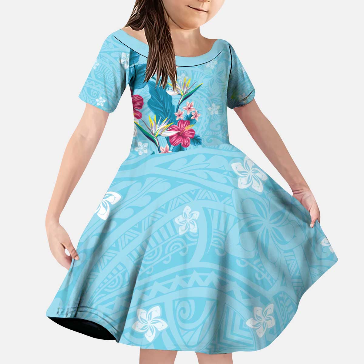 Hawaii Tropical Flowers Family Matching Puletasi and Hawaiian Shirt Polynesian Tattoo Sky Blue LT05 Daughter's Dress Blue - Polynesian Pride