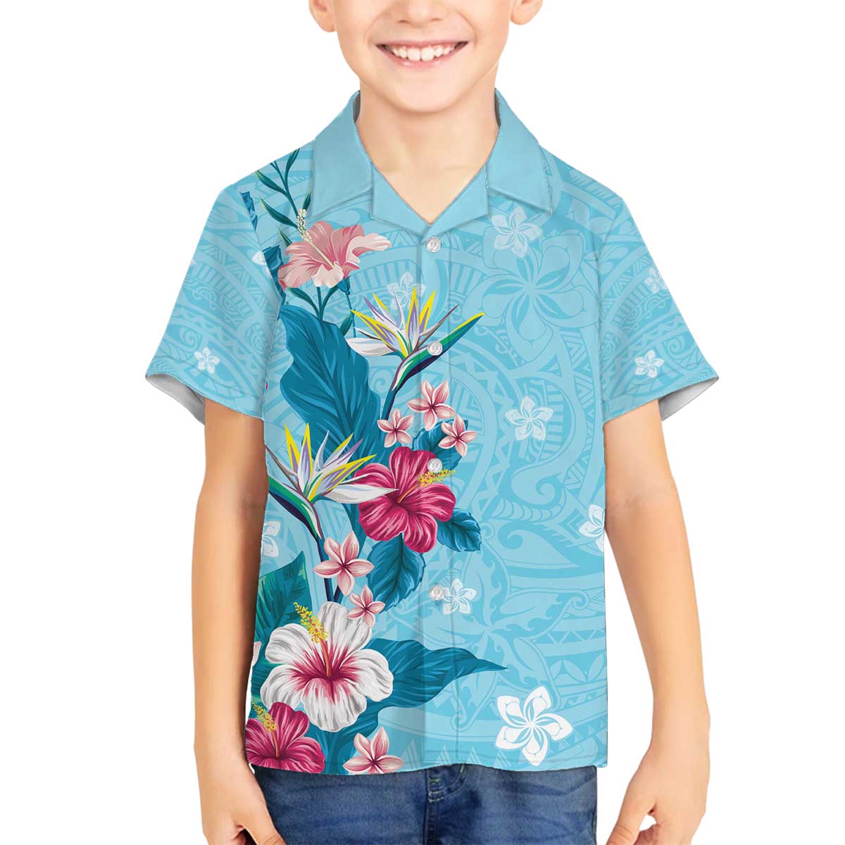 Hawaii Tropical Flowers Family Matching Puletasi and Hawaiian Shirt Polynesian Tattoo Sky Blue LT05 Son's Shirt Blue - Polynesian Pride