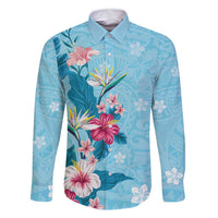 Hawaii Tropical Flowers Family Matching Summer Maxi Dress and Hawaiian Shirt Polynesian Tattoo Sky Blue
