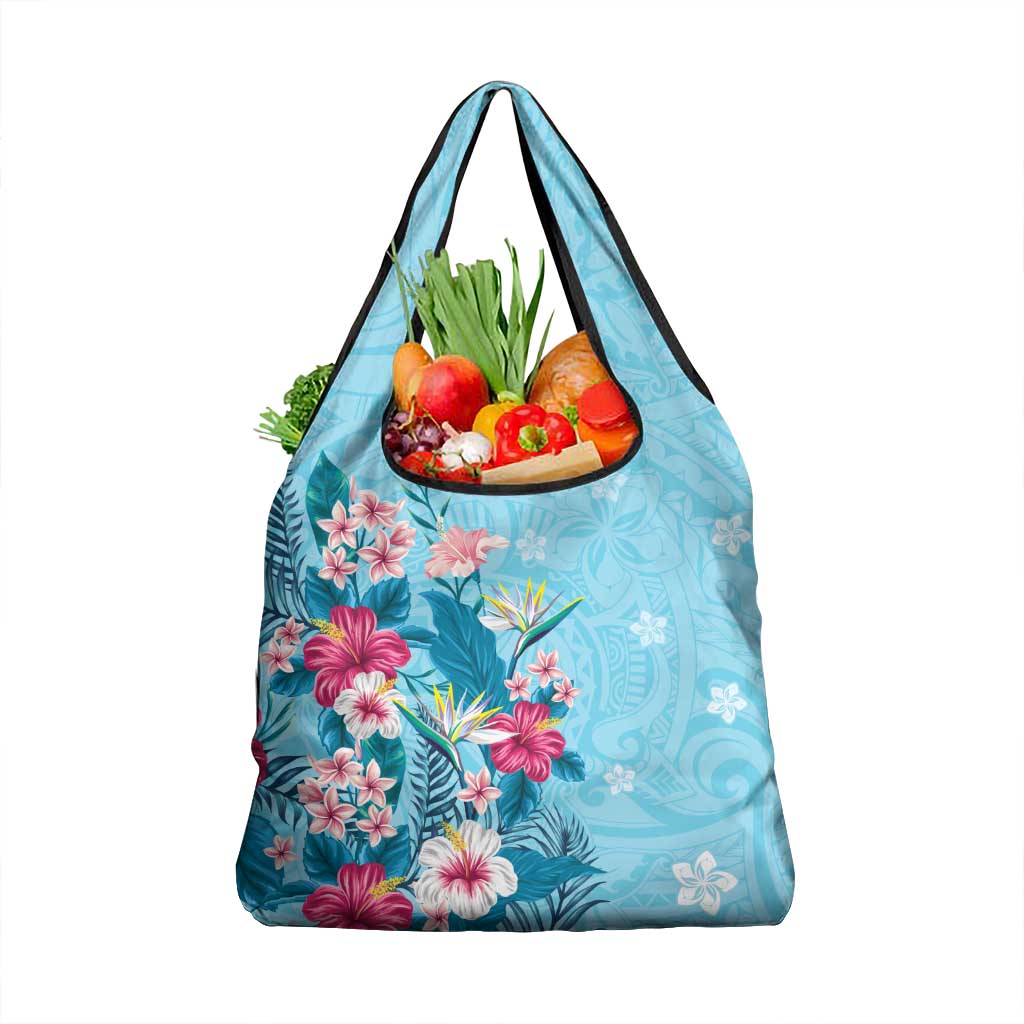 Hawaii Tropical Flowers Grocery Bag Polynesian Tattoo Sky Blue LT05 1-pack One Size Blue - Polynesian Pride