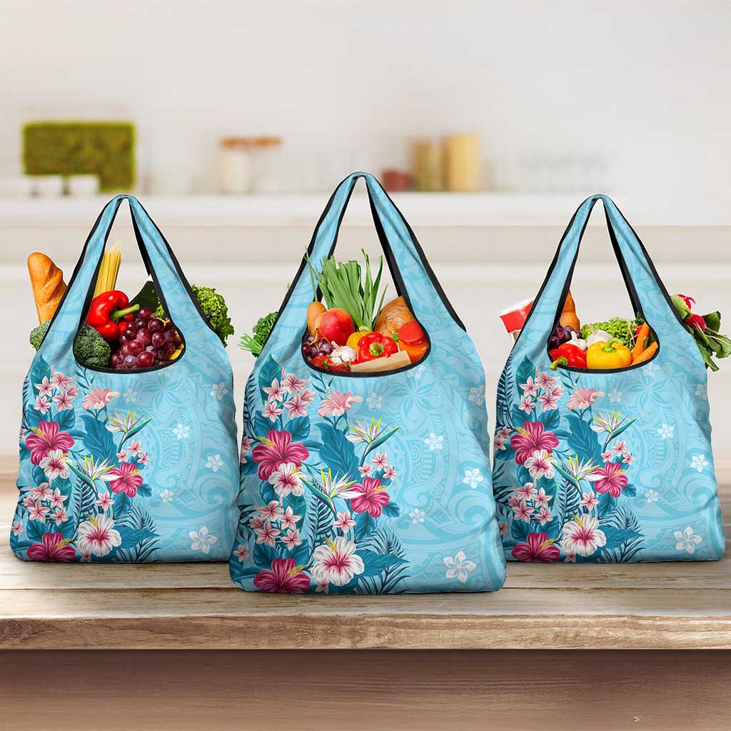 Hawaii Tropical Flowers Grocery Bag Polynesian Tattoo Sky Blue LT05 3-pack One Size Blue - Polynesian Pride