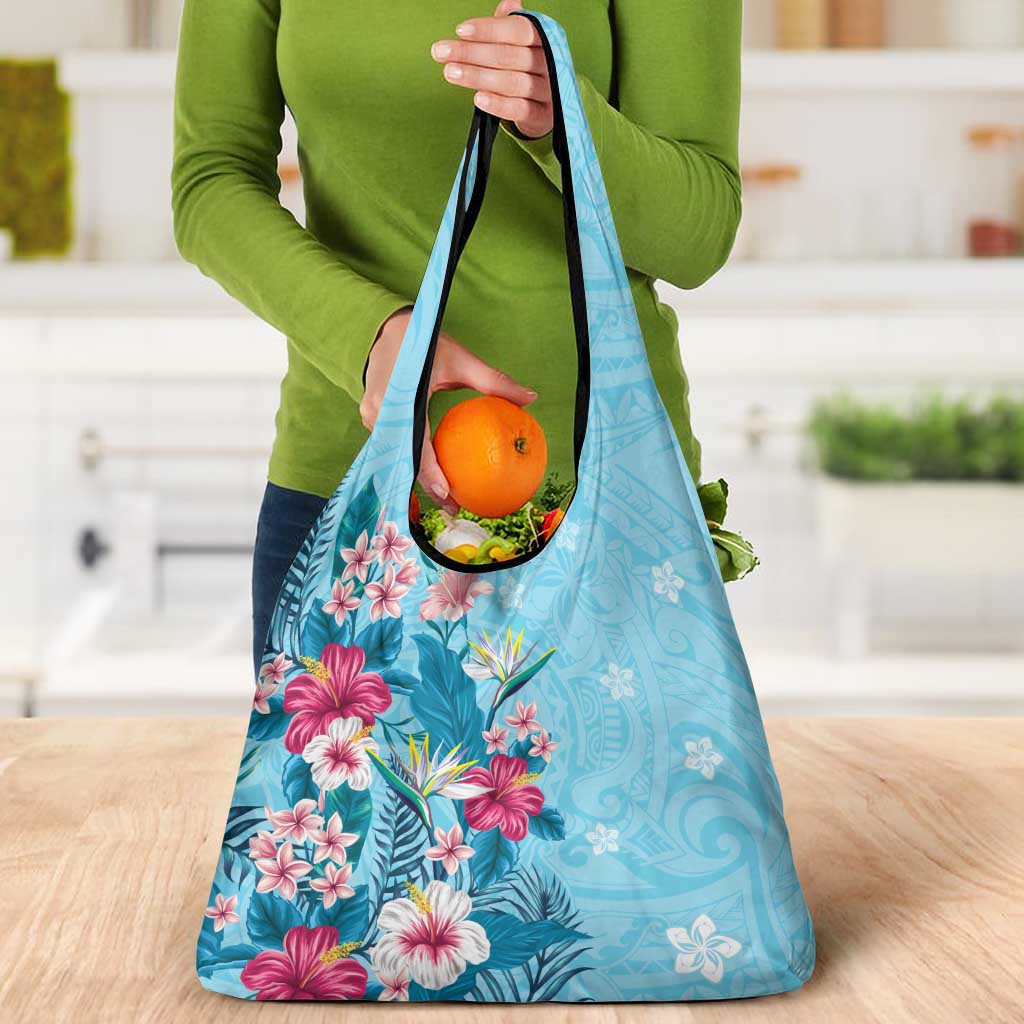 Hawaii Tropical Flowers Grocery Bag Polynesian Tattoo Sky Blue LT05 - Polynesian Pride