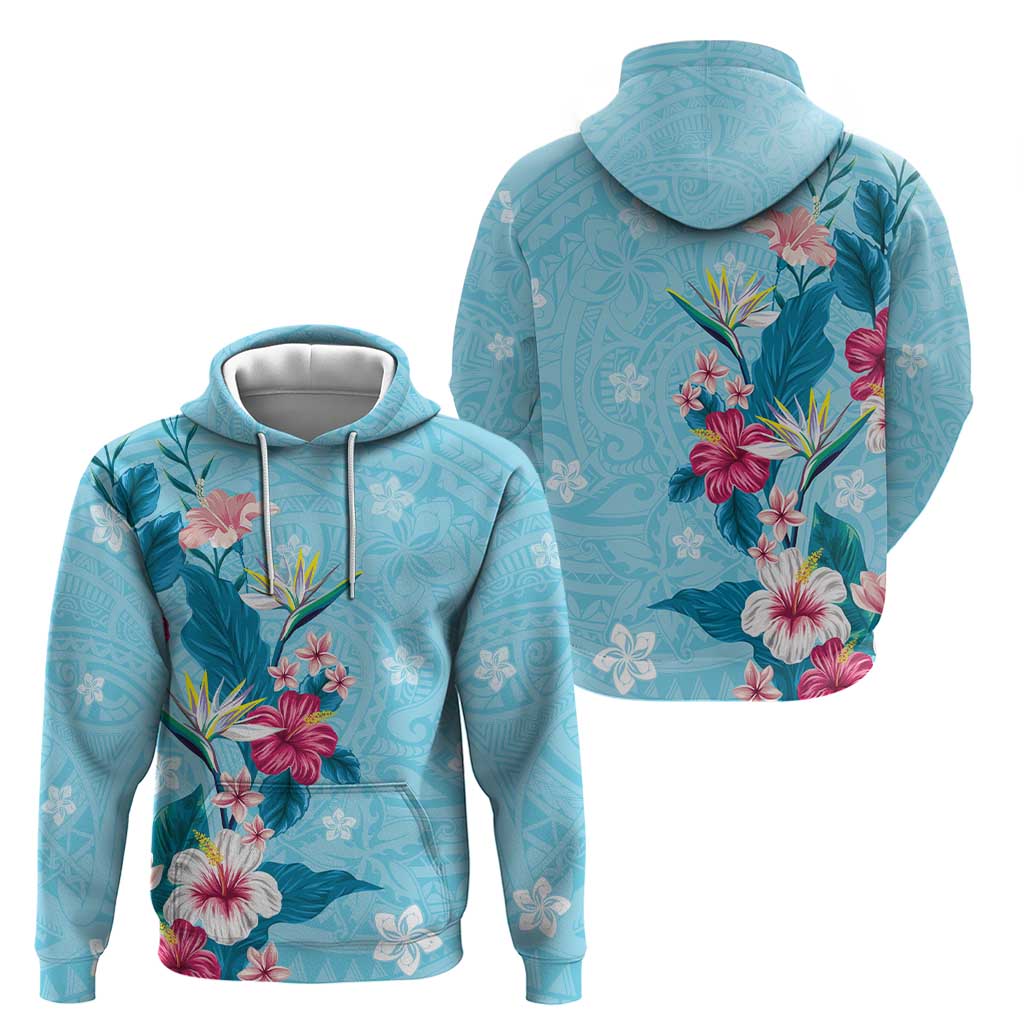 Hawaii Tropical Flowers Hoodie Polynesian Tattoo Sky Blue