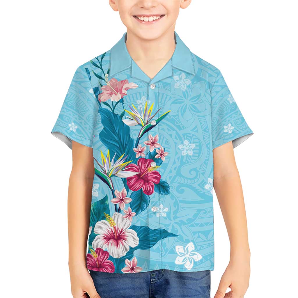 Hawaii Tropical Flowers Kid Hawaiian Shirt Polynesian Tattoo Sky Blue