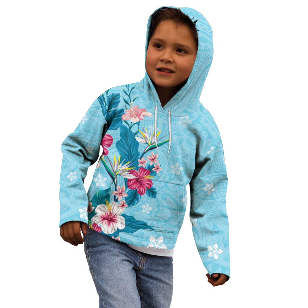 Hawaii Tropical Flowers Kid Hoodie Polynesian Tattoo Sky Blue