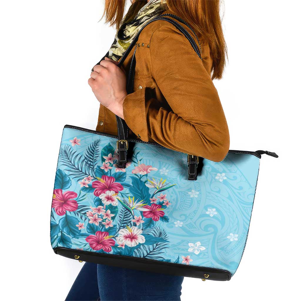 Hawaii Tropical Flowers Leather Tote Bag Polynesian Tattoo Sky Blue LT05 Blue - Polynesian Pride