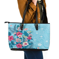 Hawaii Tropical Flowers Leather Tote Bag Polynesian Tattoo Sky Blue LT05 - Polynesian Pride