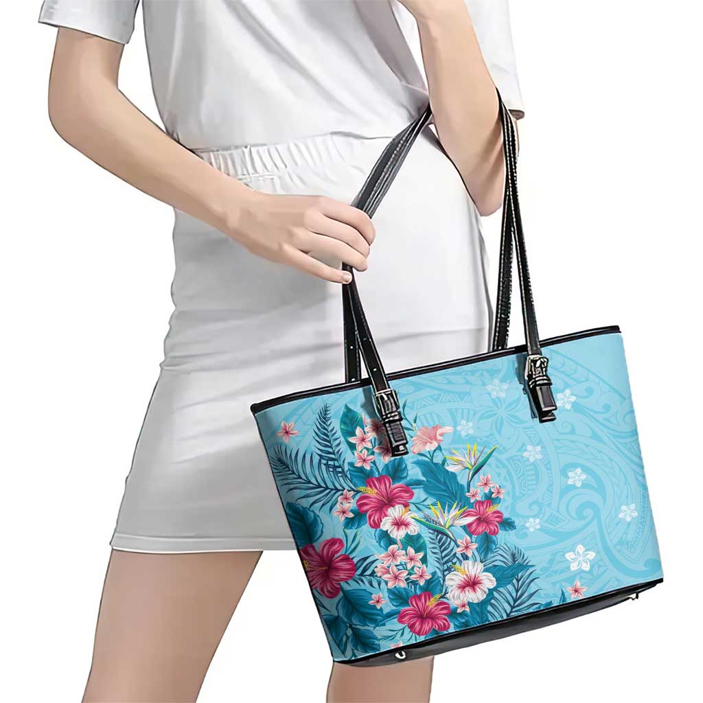 Hawaii Tropical Flowers Leather Tote Bag Polynesian Tattoo Sky Blue LT05 - Polynesian Pride