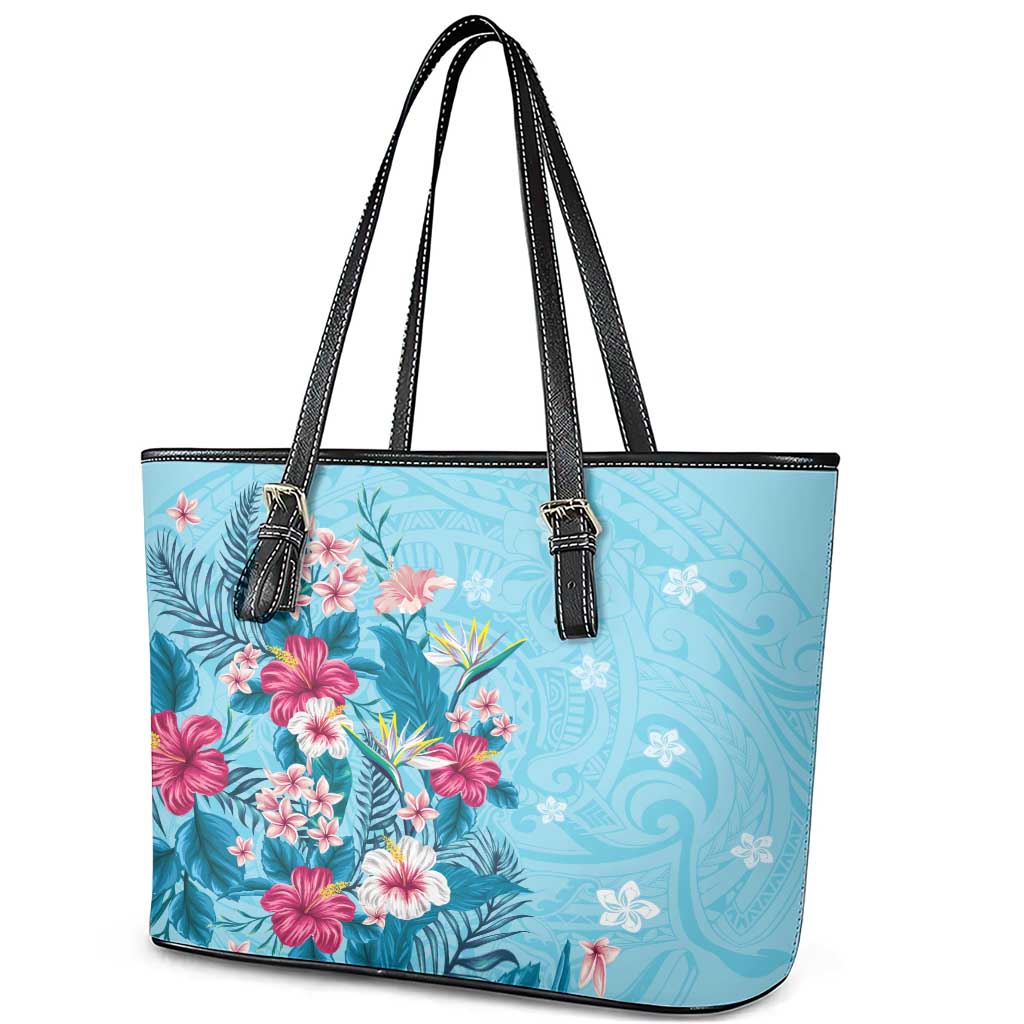 Hawaii Tropical Flowers Leather Tote Bag Polynesian Tattoo Sky Blue LT05 - Polynesian Pride