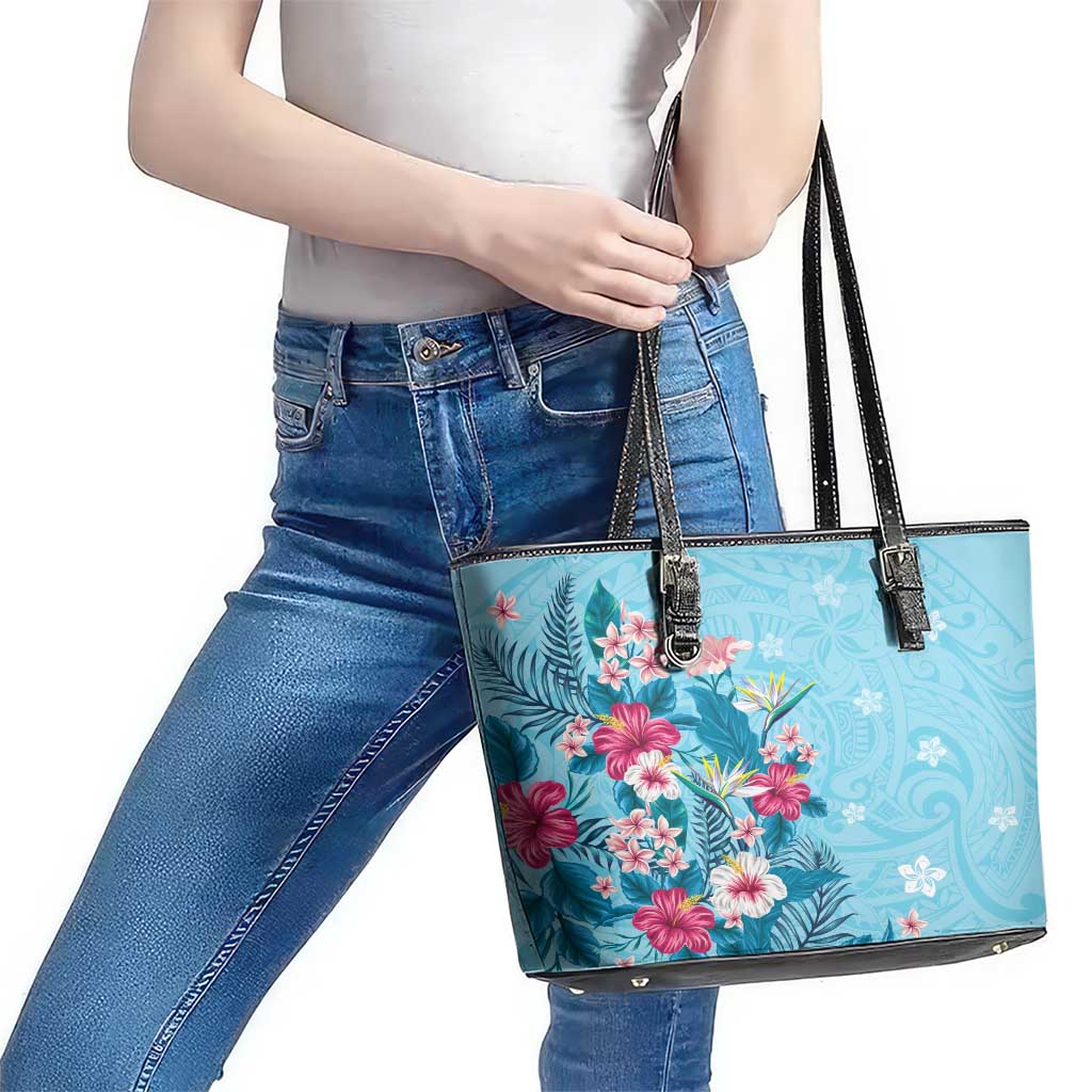 Hawaii Tropical Flowers Leather Tote Bag Polynesian Tattoo Sky Blue LT05 - Polynesian Pride