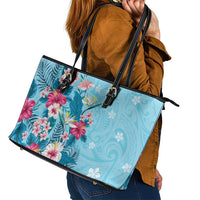 Hawaii Tropical Flowers Leather Tote Bag Polynesian Tattoo Sky Blue LT05 - Polynesian Pride
