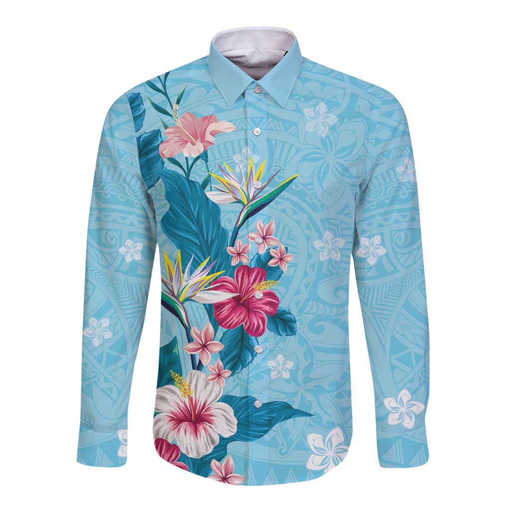 Hawaii Tropical Flowers Long Sleeve Button Shirt Polynesian Tattoo Sky Blue