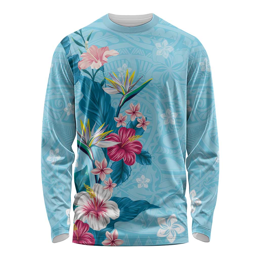 Hawaii Tropical Flowers Long Sleeve Shirt Polynesian Tattoo Sky Blue