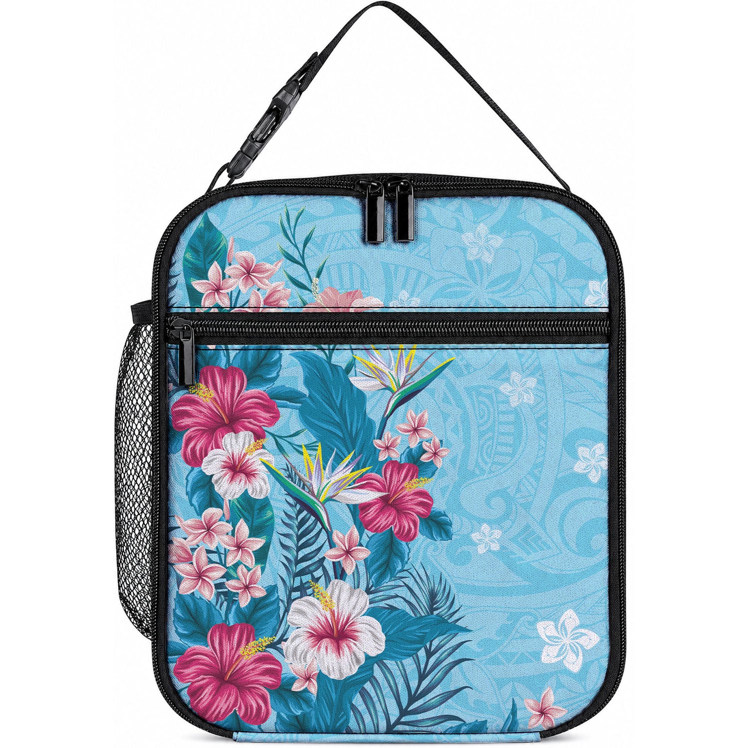 Hawaii Tropical Flowers Lunch Bag Polynesian Tattoo Sky Blue