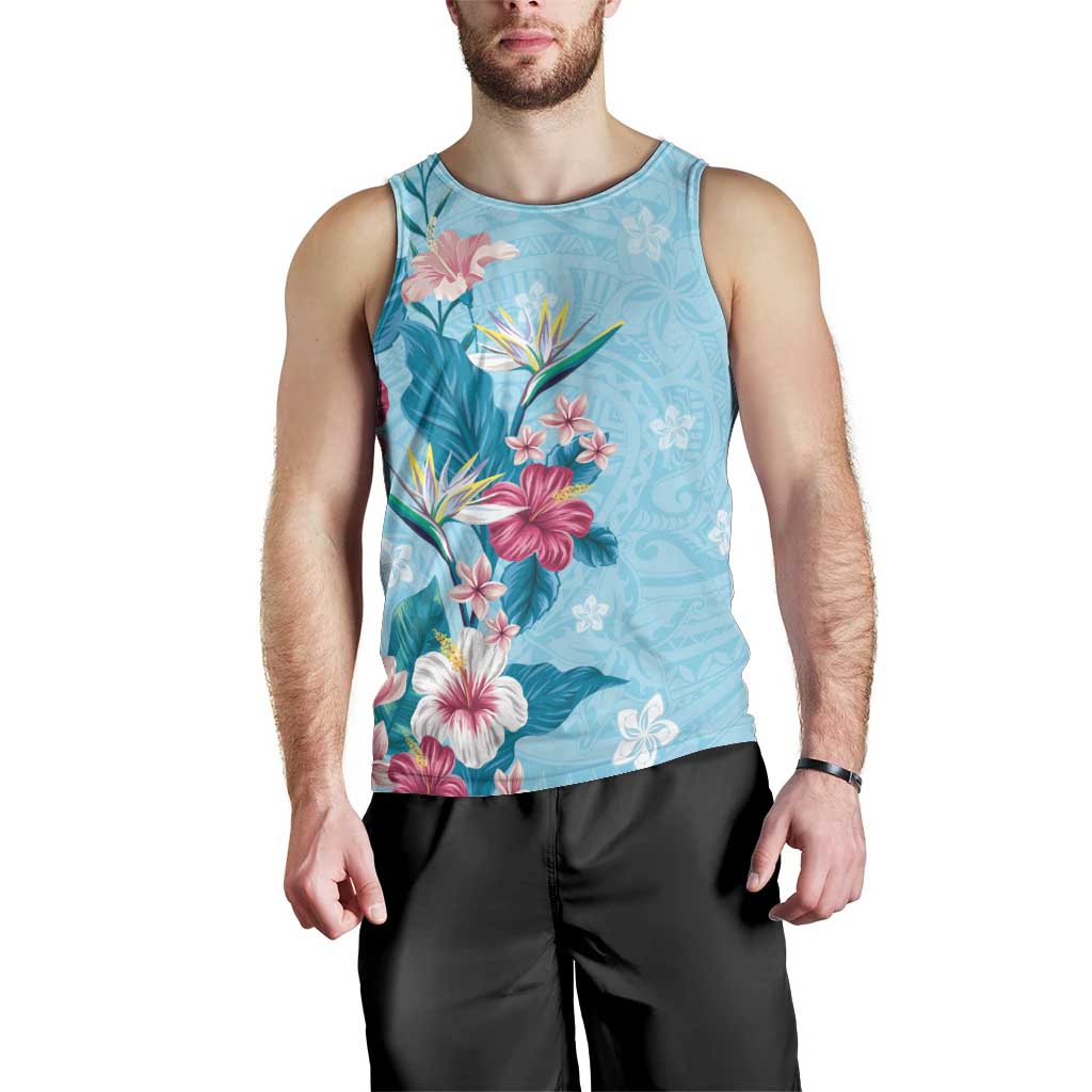 Hawaii Tropical Flowers Men Tank Top Polynesian Tattoo Sky Blue LT05 - Polynesian Pride