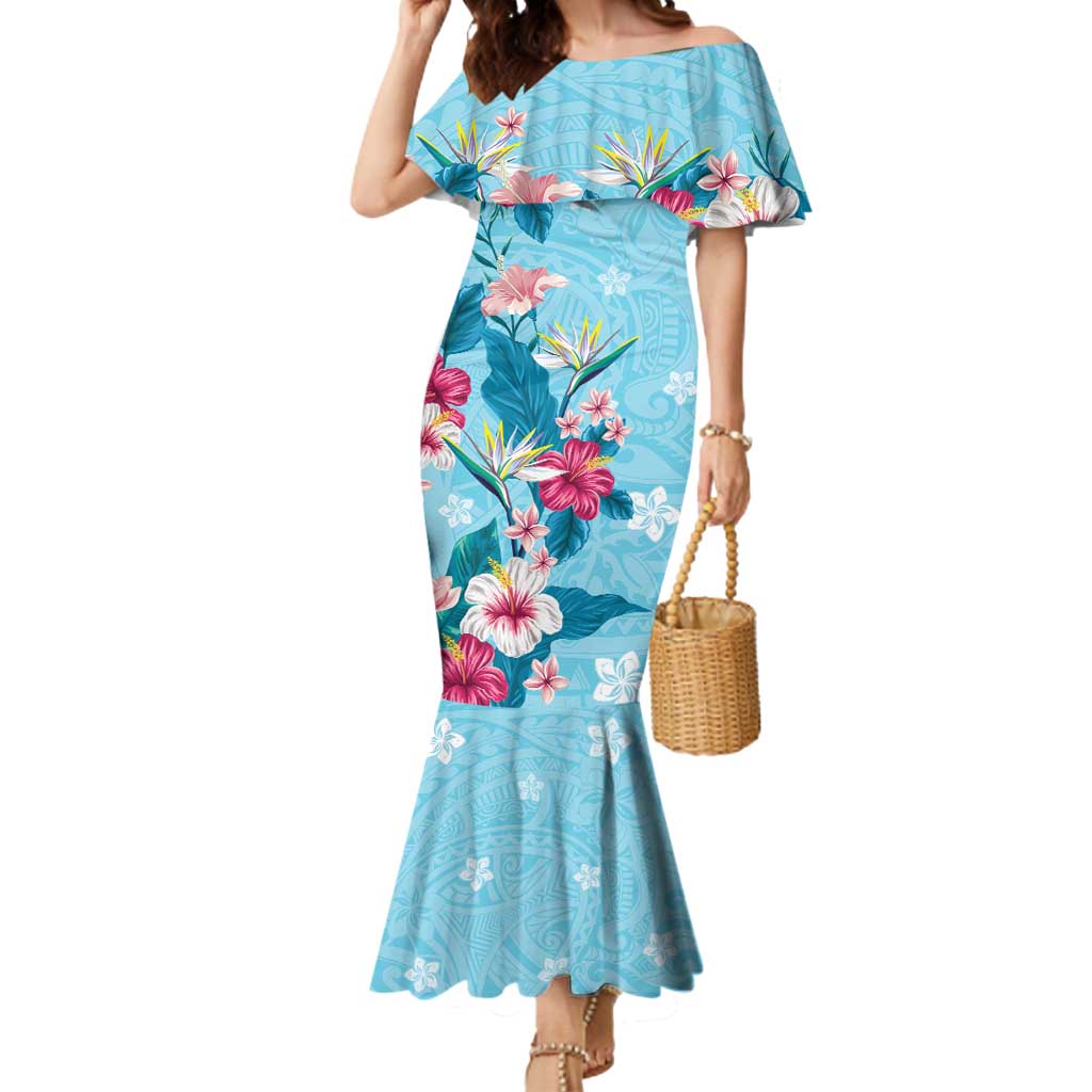 Hawaii Tropical Flowers Mermaid Dress Polynesian Tattoo Sky Blue