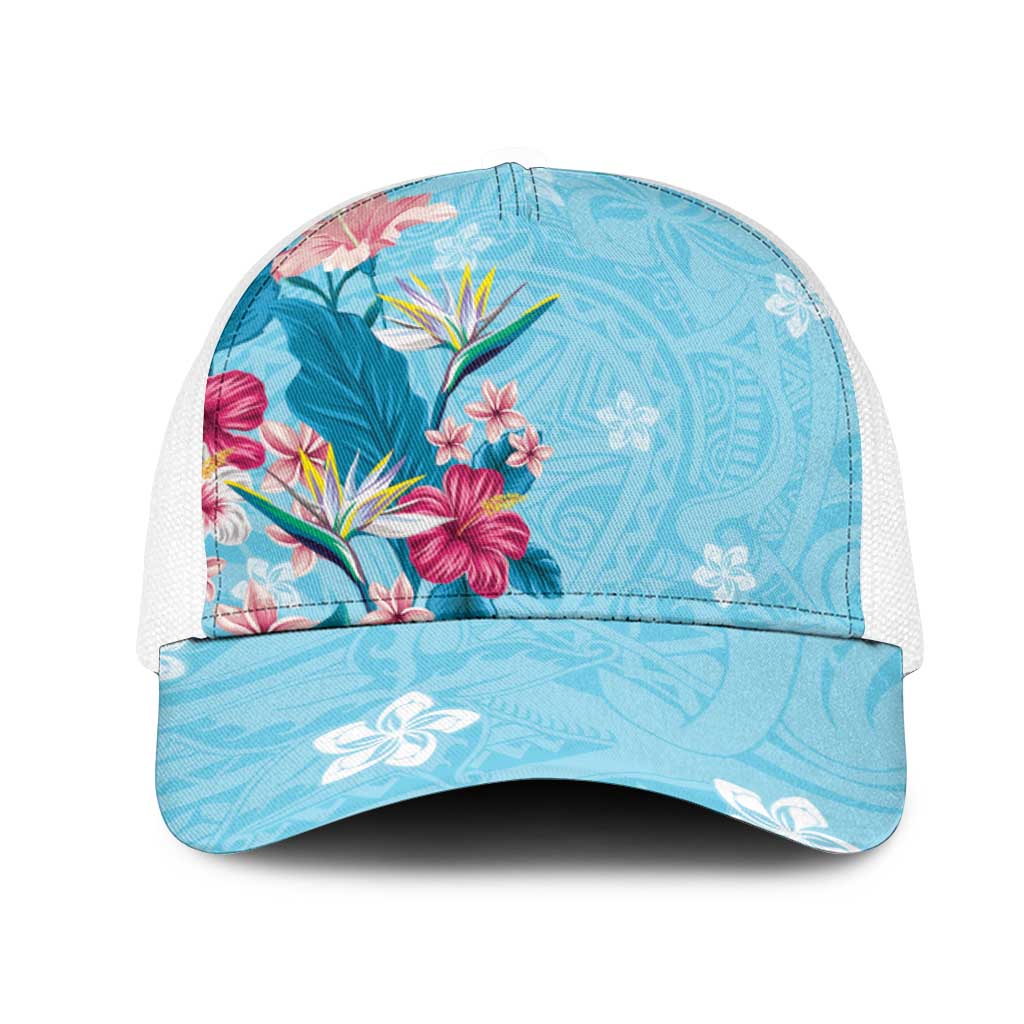 Hawaii Tropical Flowers Mesh Trucker Cap Polynesian Tattoo Sky Blue LT05 One Size White Blue - Polynesian Pride