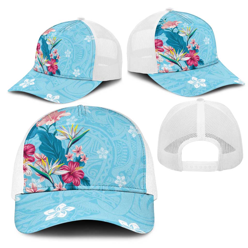 Hawaii Tropical Flowers Mesh Trucker Cap Polynesian Tattoo Sky Blue LT05 - Polynesian Pride