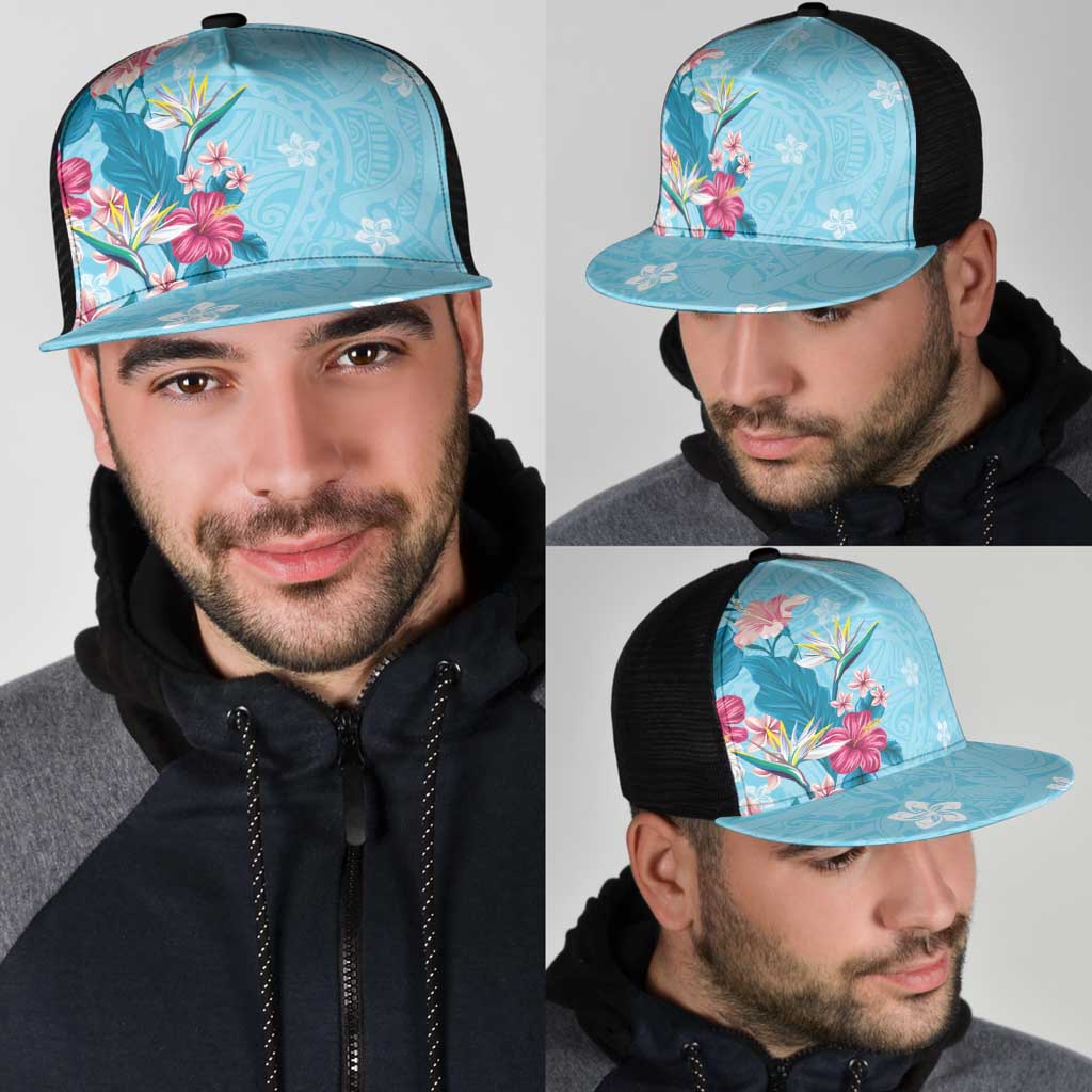Hawaii Tropical Flowers Mesh Trucker Cap Polynesian Tattoo Sky Blue LT05 - Polynesian Pride
