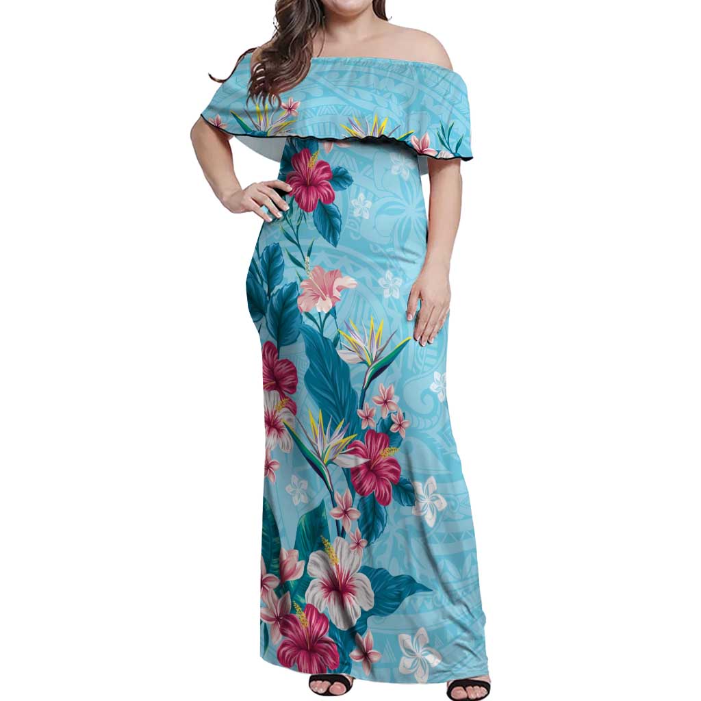 Hawaii Tropical Flowers Off Shoulder Maxi Dress Polynesian Tattoo Sky Blue