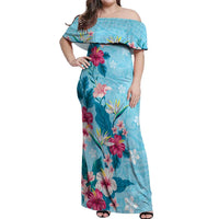 Hawaii Tropical Flowers Off Shoulder Maxi Dress Polynesian Tattoo Sky Blue LT05 Women Blue - Polynesian Pride