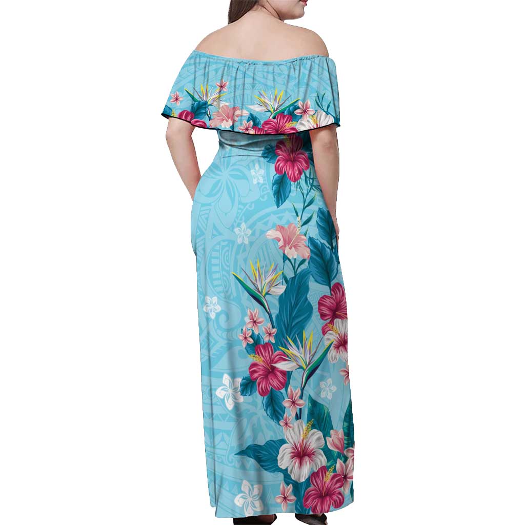 Hawaii Tropical Flowers Off Shoulder Maxi Dress Polynesian Tattoo Sky Blue LT05 - Polynesian Pride