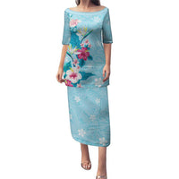 Hawaii Tropical Flowers Puletasi Polynesian Tattoo Sky Blue LT05 Long Dress Blue - Polynesian Pride