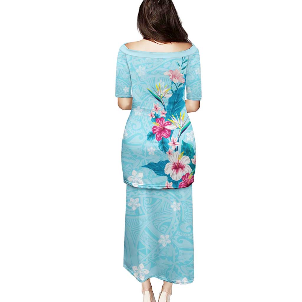Hawaii Tropical Flowers Puletasi Polynesian Tattoo Sky Blue LT05 - Polynesian Pride