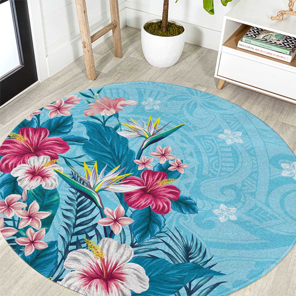 Hawaii Tropical Flowers Round Carpet Polynesian Tattoo Sky Blue