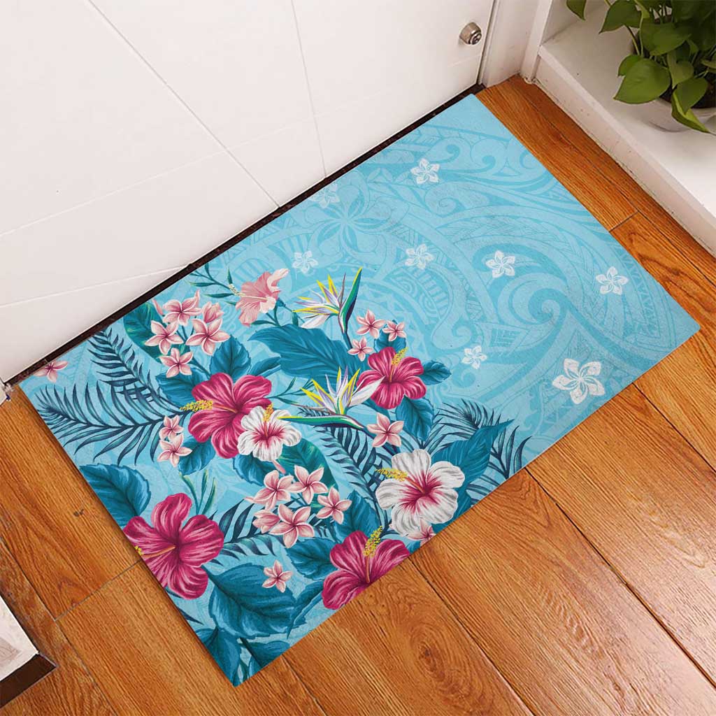 Hawaii Tropical Flowers Rubber Doormat Polynesian Tattoo Sky Blue LT05 - Polynesian Pride