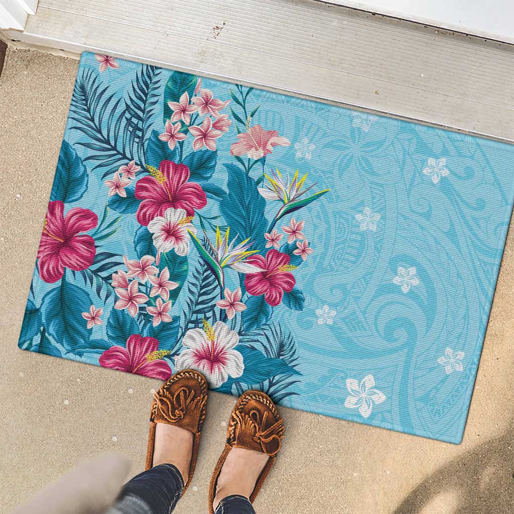 Hawaii Tropical Flowers Rubber Doormat Polynesian Tattoo Sky Blue LT05 - Polynesian Pride