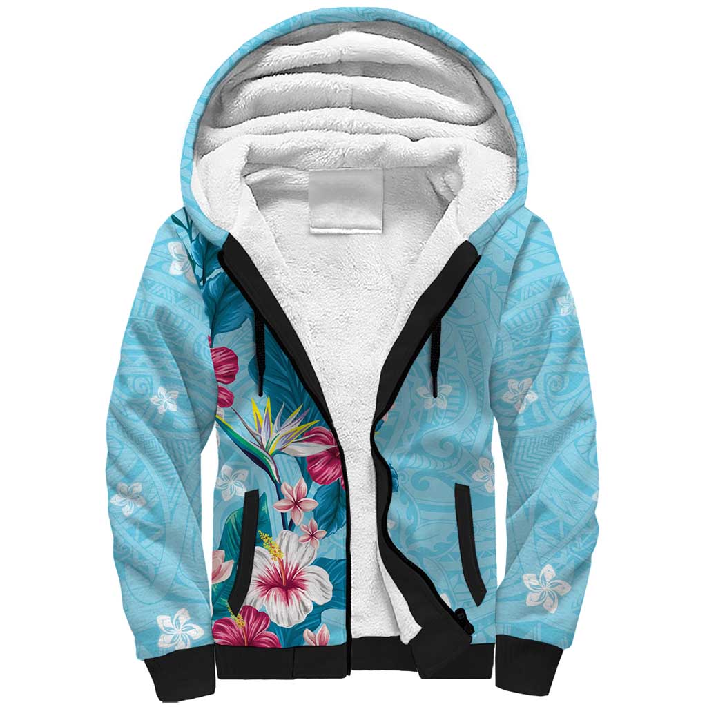 Hawaii Tropical Flowers Sherpa Hoodie Polynesian Tattoo Sky Blue LT05 Unisex Blue - Polynesian Pride