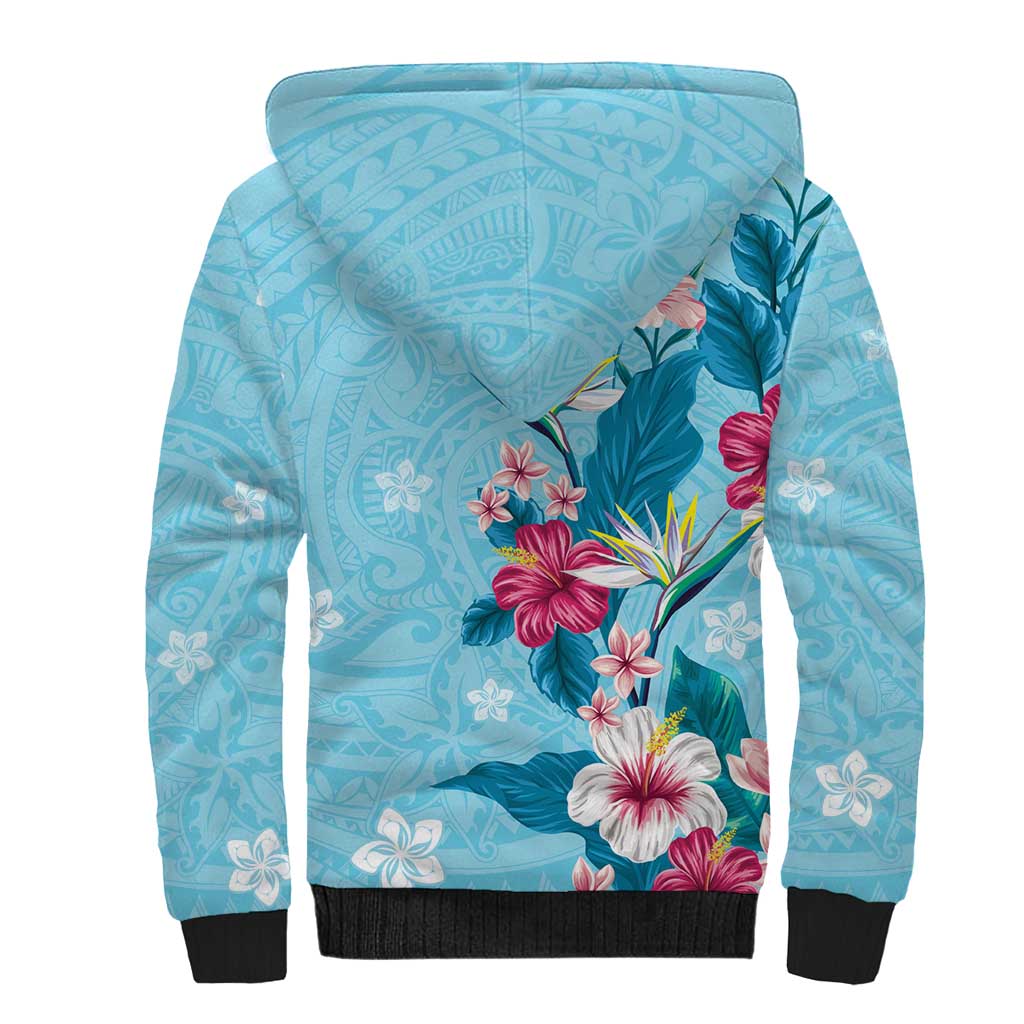 Hawaii Tropical Flowers Sherpa Hoodie Polynesian Tattoo Sky Blue LT05 - Polynesian Pride