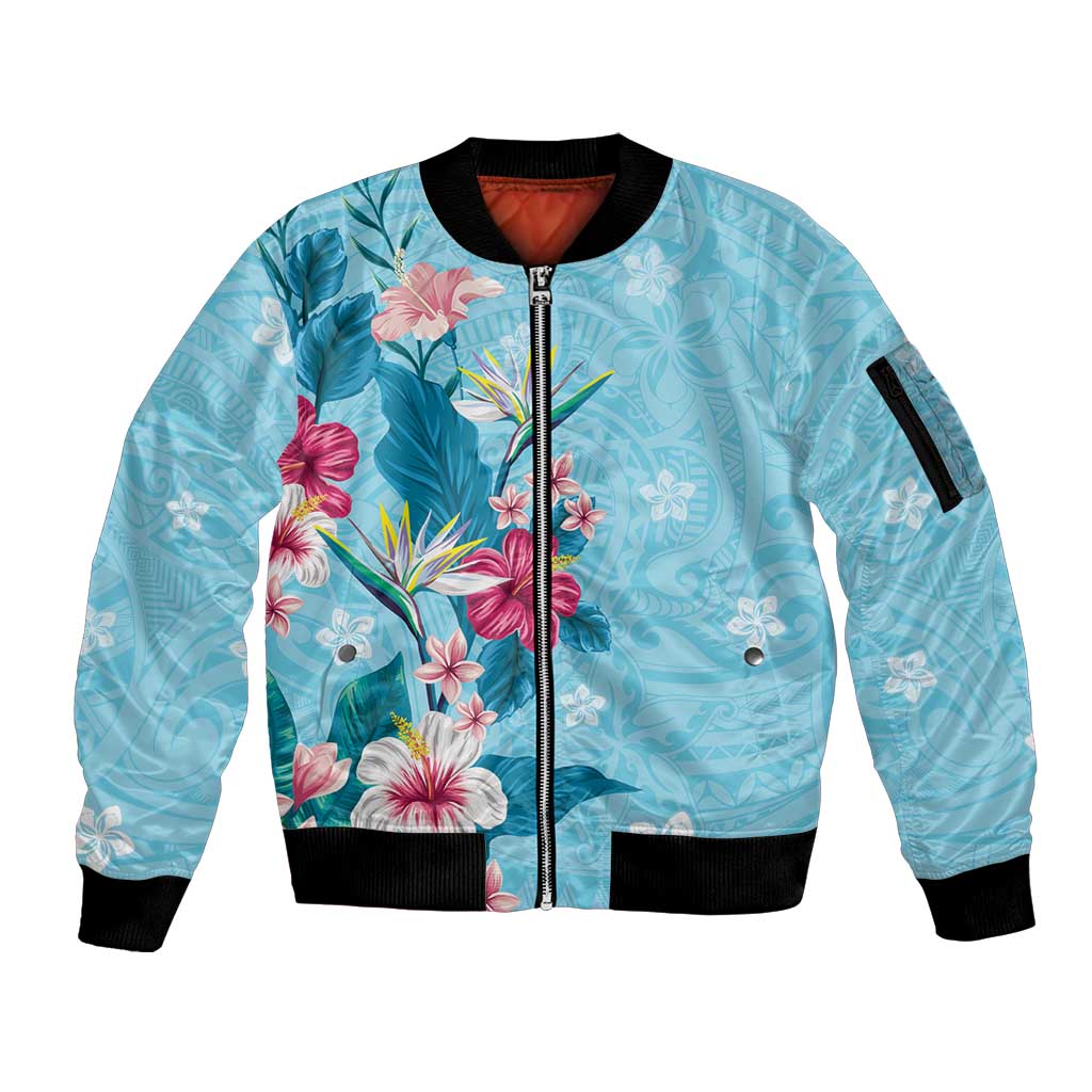 Hawaii Tropical Flowers Sleeve Zip Bomber Jacket Polynesian Tattoo Sky Blue