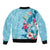 Hawaii Tropical Flowers Sleeve Zip Bomber Jacket Polynesian Tattoo Sky Blue